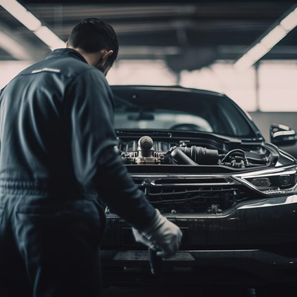 Outreach, mechanic standing in front of a car in a garage